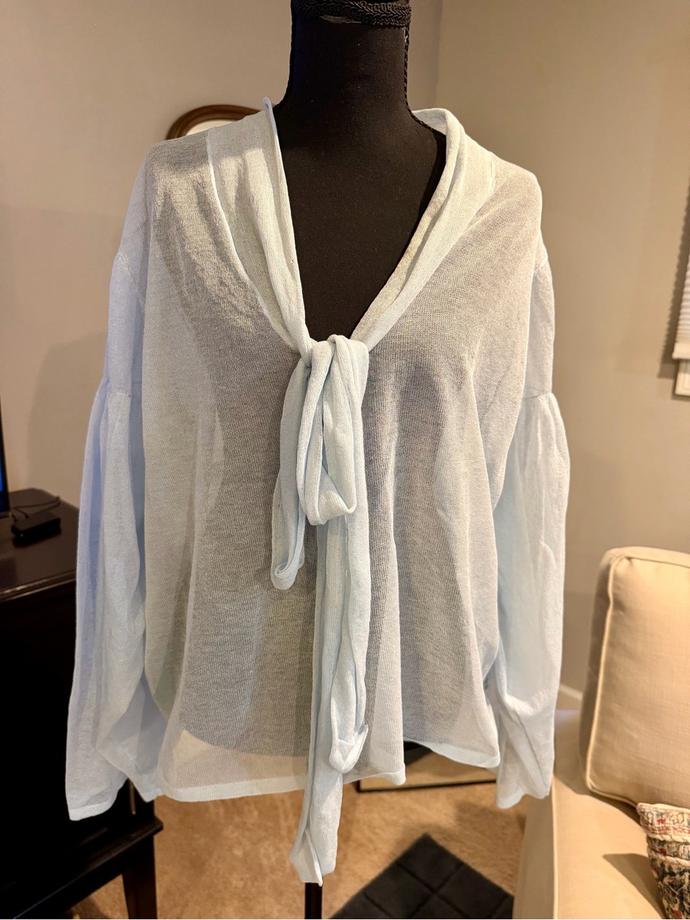 Zara Light Blue Sheer Tie-Neck Blouse